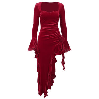 Long flared sleeve velvet ruffle slit midi dress