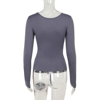 Long sleeve hollow out v neck self tie solid cut out top