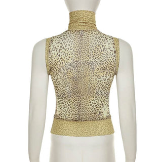 High neck leopard print mesh sleeveless top