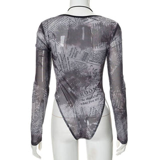 Long sleeve halter letter print button mesh bodysuit