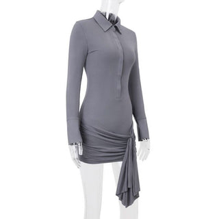 Turnover collar long sleeve button ruched mini dress