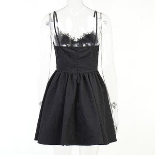 Lace hem flower applique zip-up textured lace up mini dress