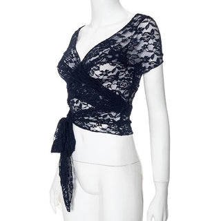 Short sleeve lace 2-way see through top