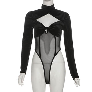 Velvet mesh patchwork long sleeve self tie bodysuit