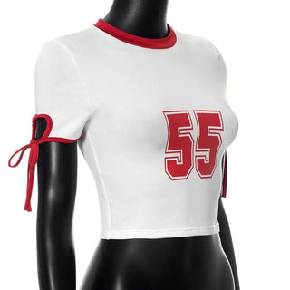 Short sleeve "55" pattern self tie crop top