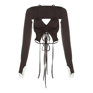 Long sleeves V neck halter ruched solid 2 piece top