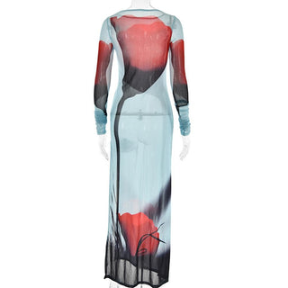 Sheer mesh see through abstract contrast long sleeve slit maxi dress