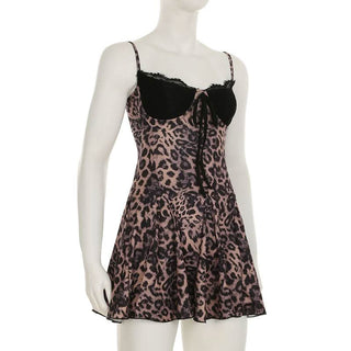 V neck lace hem leopard print cami mini dress