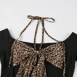Halter off shoulder bowknot leopard print top
