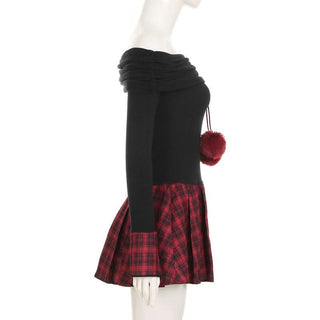 Off shoulder long sleeve plaid fluffy mini dress