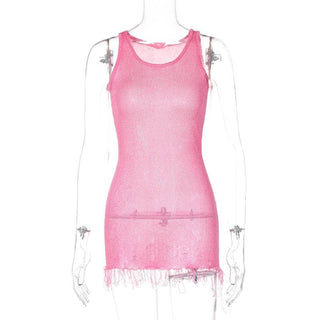 Sleeveless u neck tassels knitted mini dress