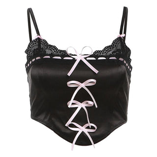 Satin bowknot ribbon lace hem zip-up cami top