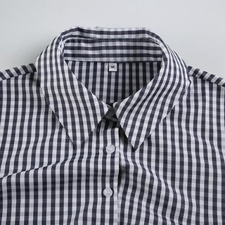 Turnover collar long sleeve button plaid top