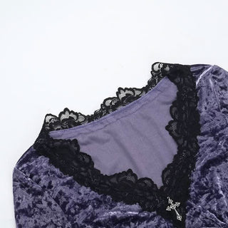 Long sleeve lace hem velvet v neck contrast top