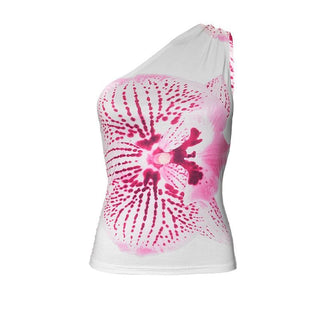One shoulder ruched print backless top