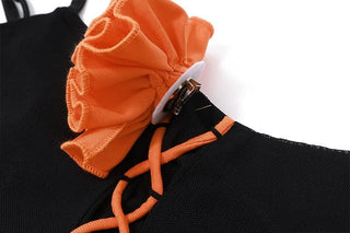 U neck flower applique lace up ruffle cami mini dress