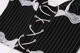 Striped lace hem stitch lace up cami top