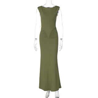 Sleeveless crewneck ruched solid maxi dress