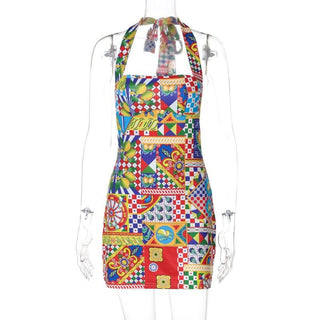 Halter print contrast knotted mini dress
