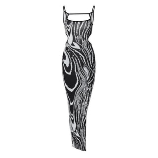 Zebra print contrast irregular slit hollow out backless cut out midi dress