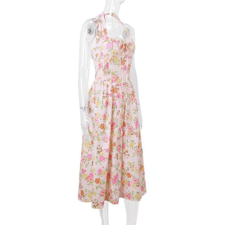Halter print lace hem knotted maxi dress