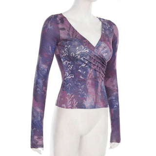 V neck long sleeve tie dye ruched top