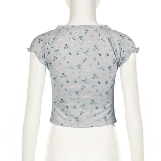Short sleeve knotted ruffle ribbed print top