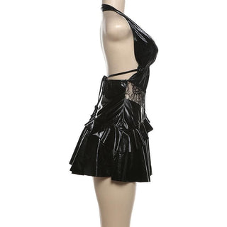 Halter PU leather lace patchwork ruched drawstring mini dress