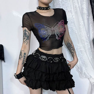 Round neck short sleeve butterfly pattern beaded crop top