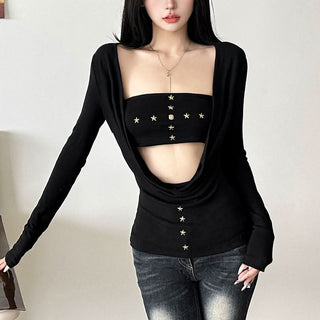 Long sleeve star applique solid 2 piece top