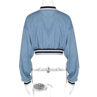 Long sleeve denim letter print patchwork button top