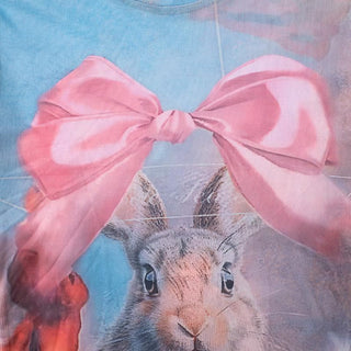 Crew neck short sleeve mesh rabbit print top