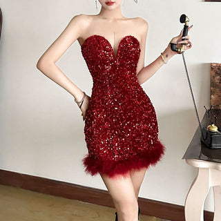 Glitter feather sweetheart neck tube mini dress