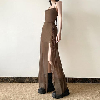 Halter mesh slit flower applique maxi dress