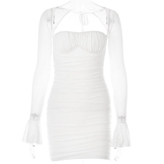 Mesh flared sleeve solid ruched zip-up lace up mini dress