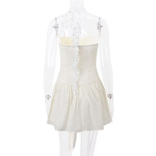 Halter sweetheart neck chiffon ruched bowknot zip-up mini dress