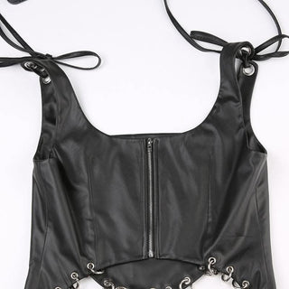 Square neck self tie PU leather o ring zip-up sleeveless crop top - Final Sale-final-sale