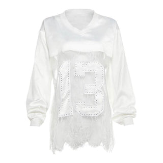 V neck long sleeve lace hem see through top