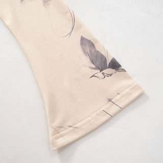 Halter long flared sleeve print hollow out crop cut out top