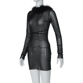 Long sleeve sheer mesh feather ruffle backless mini dress