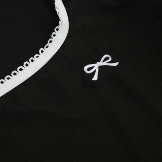 Long sleeve turnover collar bowknot embroidery top