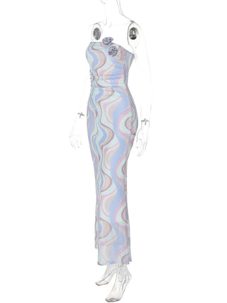 Rose applique ruched contrast mesh tube maxi dress