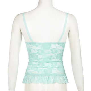 Lace flower pattern bowknot ruffle cami top