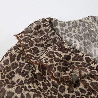 Leopard print long sleeve chiffon ruffle button top