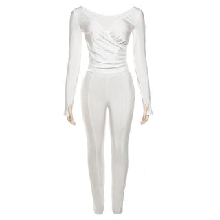 Gloves solid v neck long sleeve ruched pant set