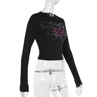 Long sleeve beaded butterfly pattern crewneck top