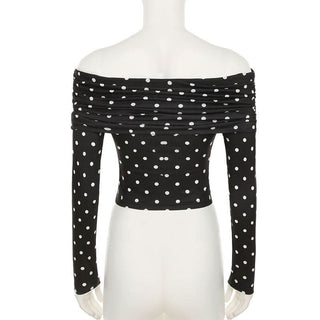 Polka dot off shoulder long sleeve ruched top