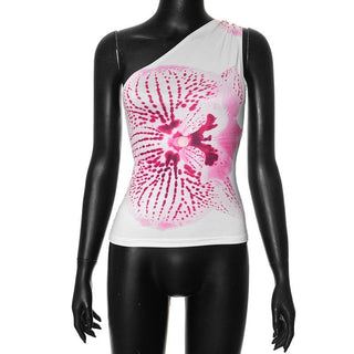 One shoulder ruched print backless top
