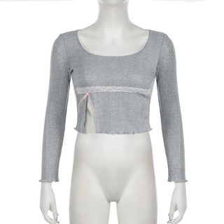 Long sleeve textured lace hem bowknot top