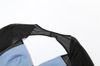 Mesh patchwork contrast long sleeve gloves low cut backless crop top
